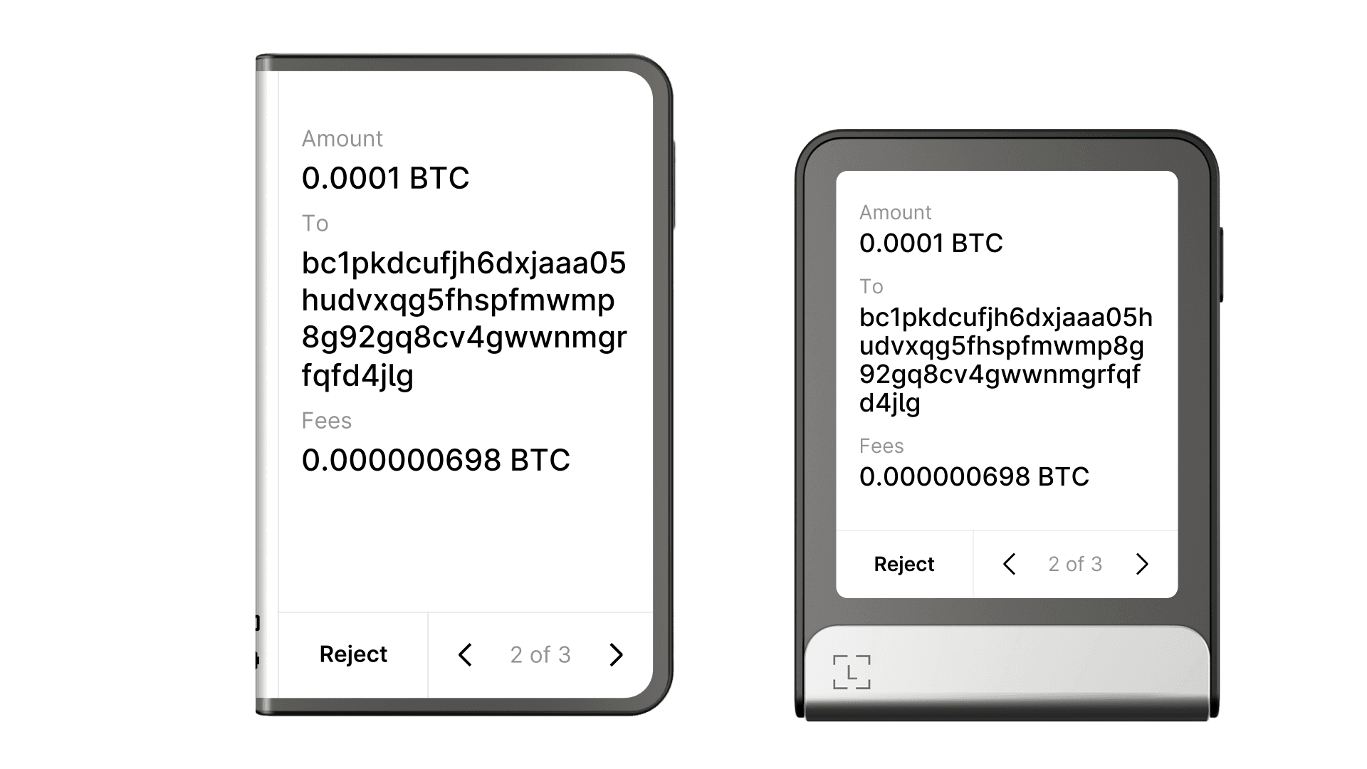 Ledger Stax and Ledger Flex showing the same Bitcoin app UI, demonstrating that the same app code scales across both touch-screen devices