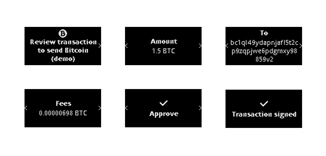 Bitcoin transaction review screen on Ledger Nano S Plus and Nano X, showing the same transaction split across multiple screens