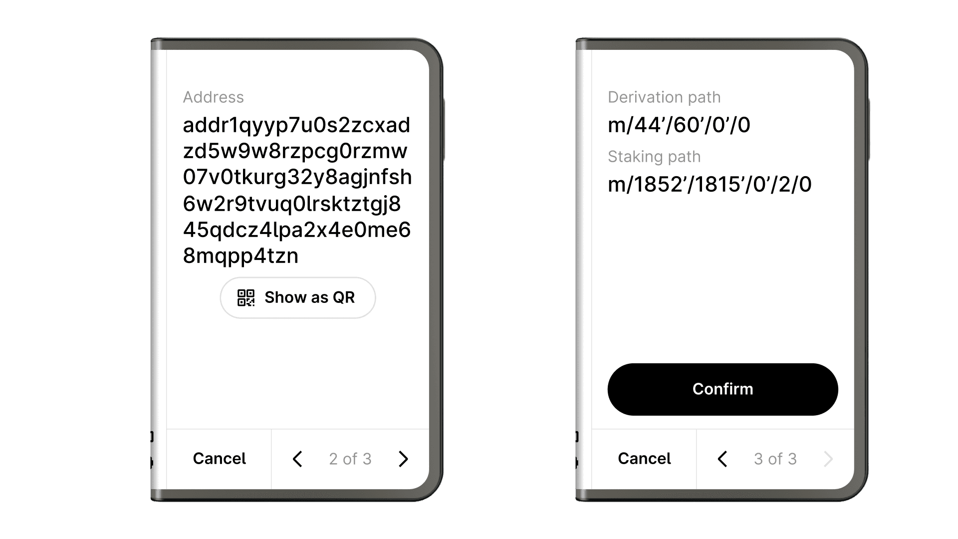 Enriched address verification on Ledger Stax and Flex, showing the address on the first page followed by derivation path details