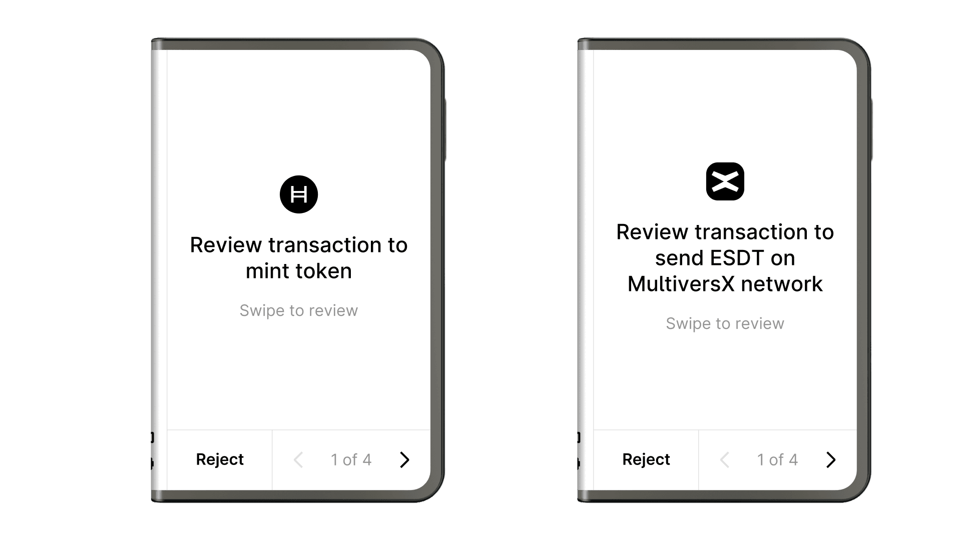 Additional intent screen examples on Ledger Stax and Flex, showing various blockchain operations