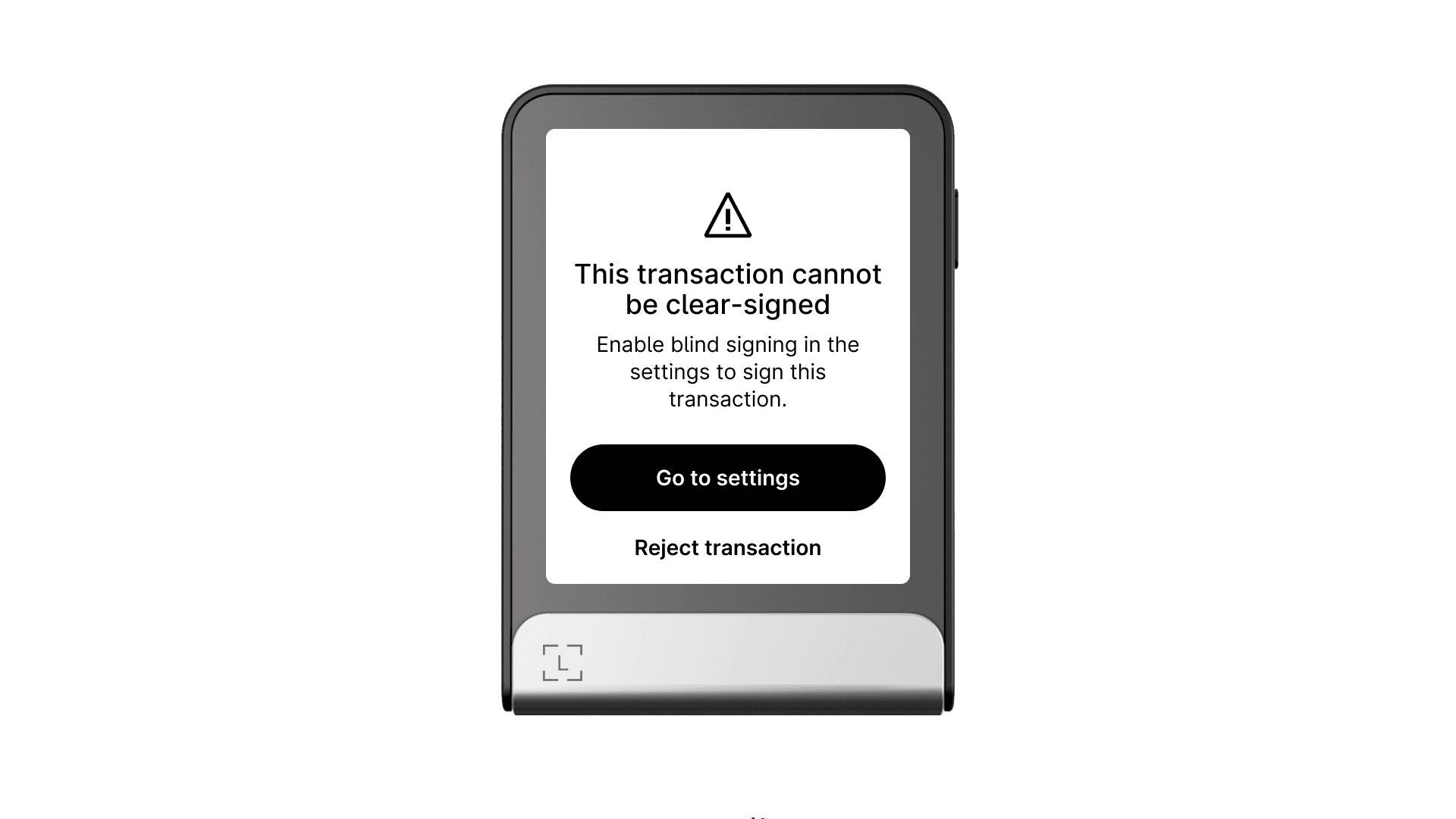 Ledger Flex blind signing disabled warning, redirecting the user to enable the blind signing setting before proceeding