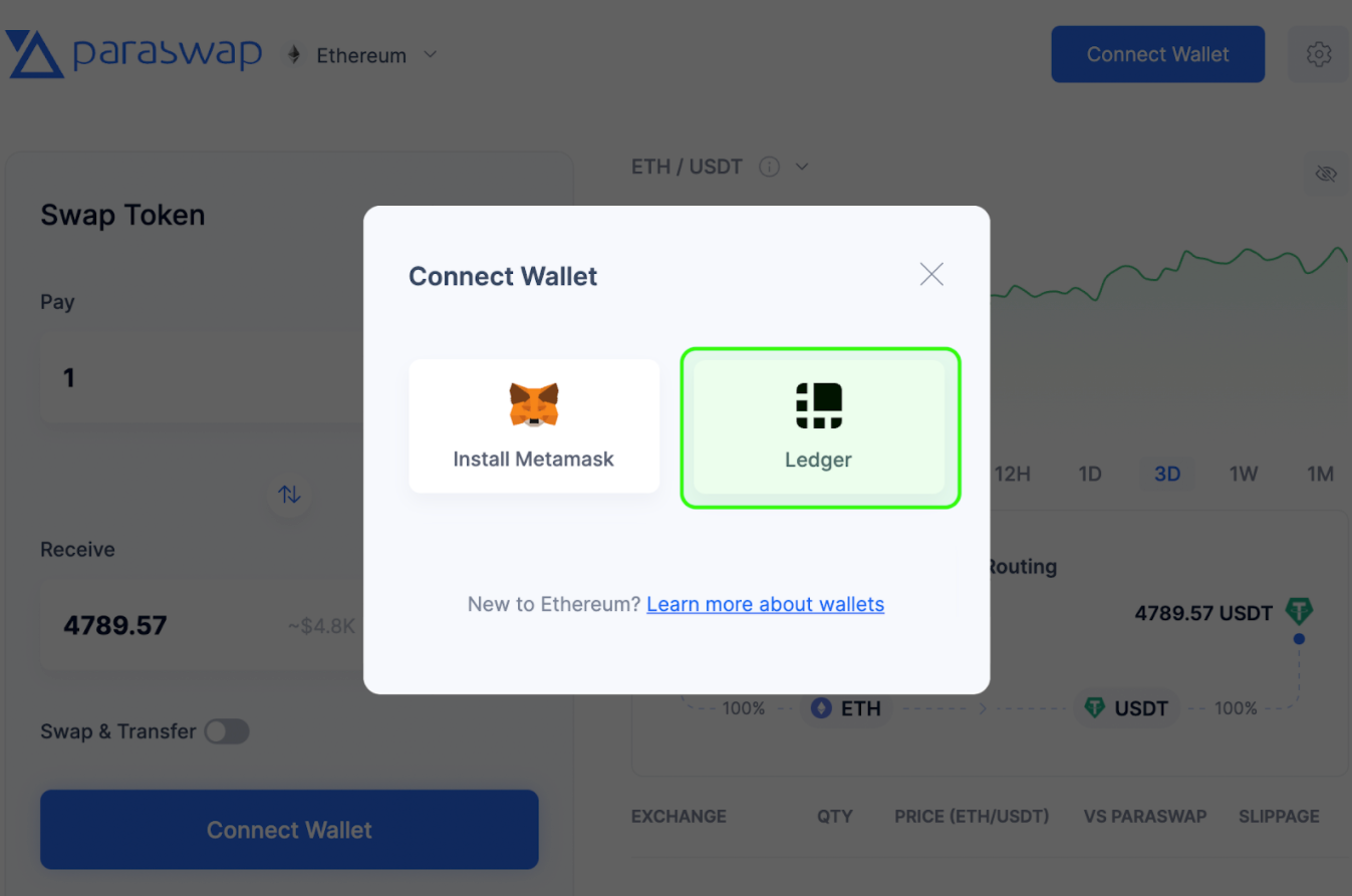 Paraswap providing the capability to connect your Ledger Wallet