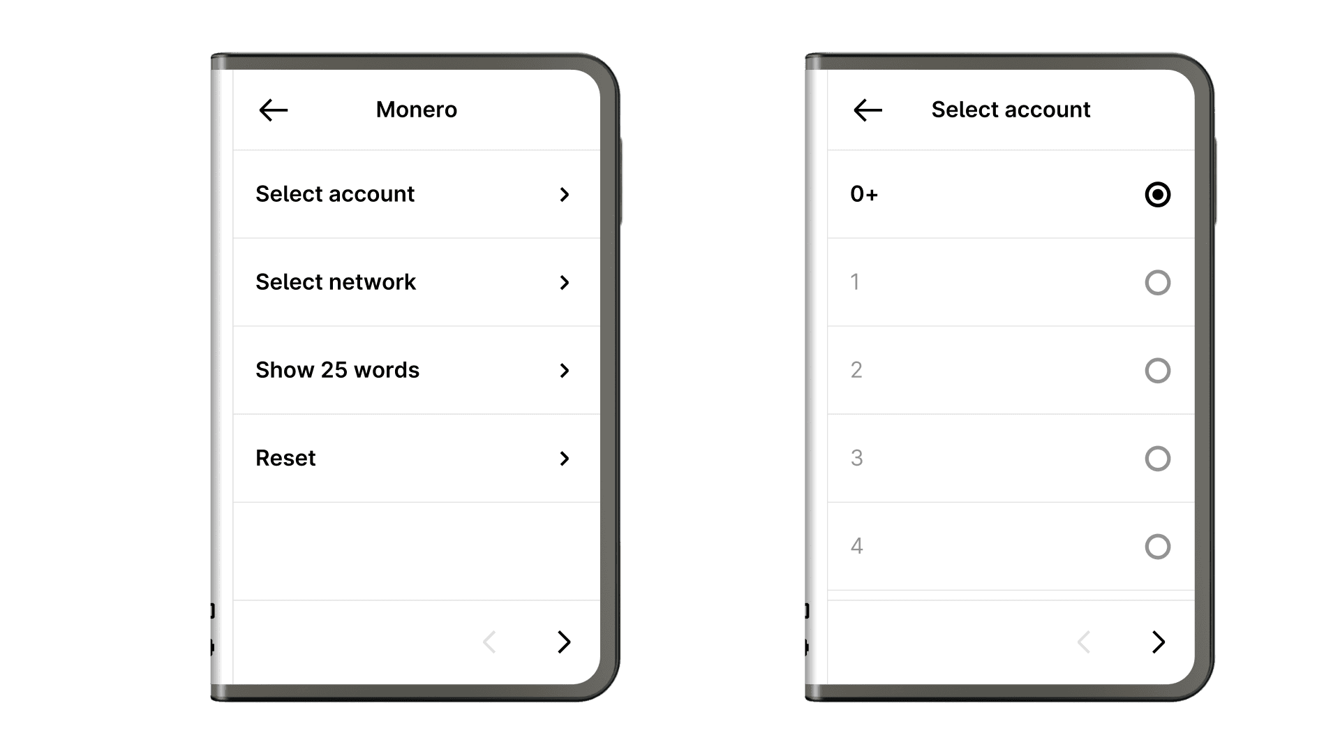 Monero app settings showing two levels: tappable rows on the first level and radio buttons on the second level