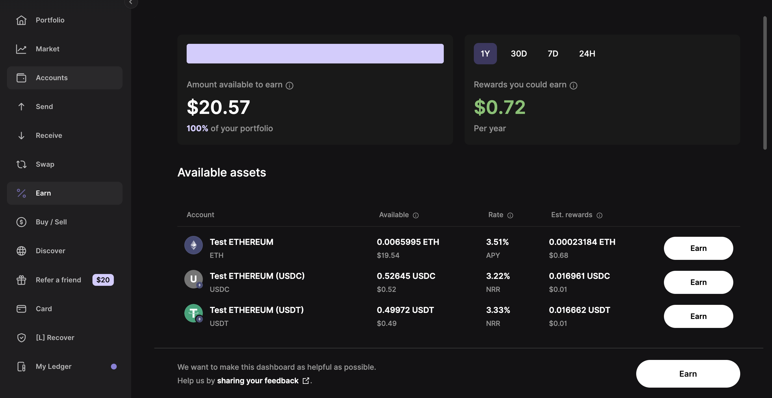 Earn section screenshot