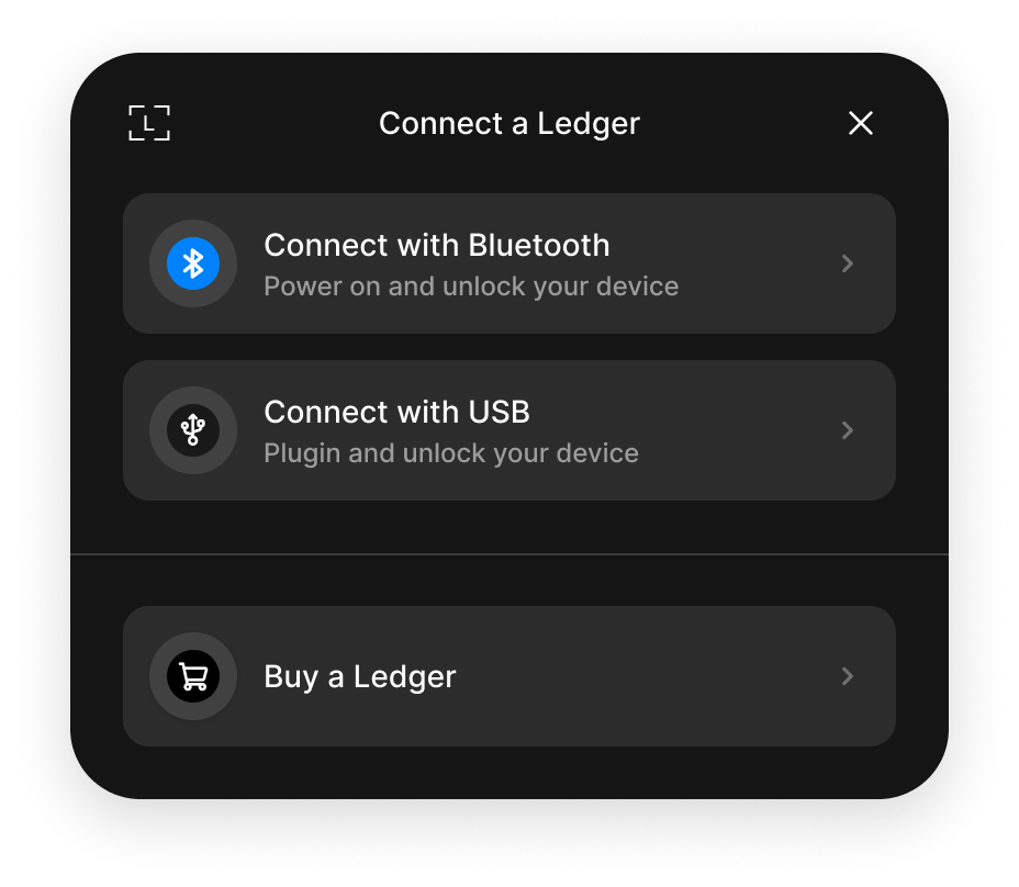 Ledger connect modal with transport choices
