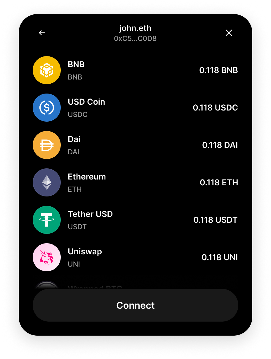 Token balances displayed for the connected account